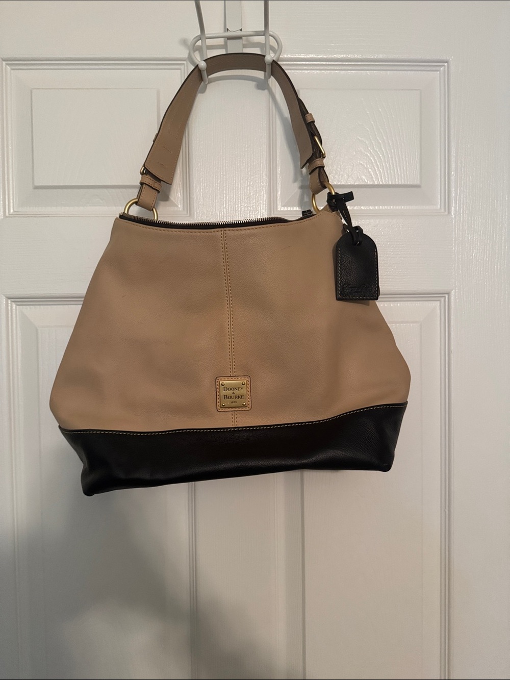Dooney & Bourke Beige and Black Leather Hobo Shoulder Bag